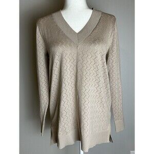 CALVIN KLEIN Tan V-Neck Long Sleeve Lightweight Sweater Medium